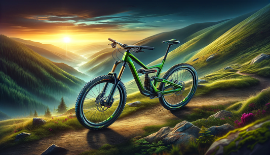 Ein grünes Mountainbike auf einem malerischen Bergpfad bei Sonnenuntergang, umgeben von einer atemberaubenden Berglandschaft, die Abenteuer und Leistung symbolisiert.