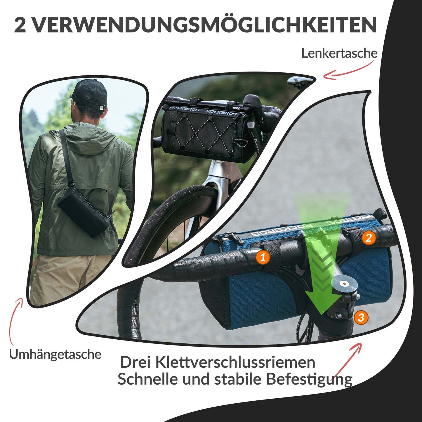 Lenkertasche Multifunktionale Fahrradlenkertasche mit Schultergurt 1,5L ROCKBROS