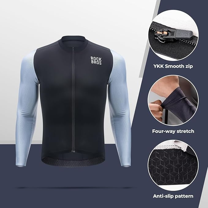 ROCKBROS Langarm Radtrikot Herren Fahrradtrikot, Atmungsaktive Schnell Trocknend Fahrradbekleidung Reißverschluss mit 3 Taschen, T Shirt für Männer Rennrad MTB Europäische Größe