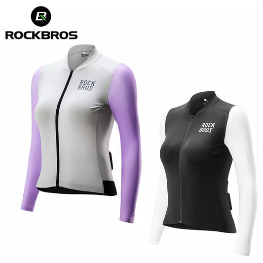 ROCKBROS Radtrikot Damen Langarm Fahrradtrikot Sommer Fahrrad Jacke Radsporttrikot Rennrad Trikot mit 3 Rückentaschen MTB Fahrradkleidung Atmungsaktiv