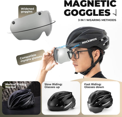 ROCKBROS Fahrradhelm Erwachsene mit Visier Magnetische Abnehmbarer Atmungsaktiv Einstellbare für Damen und Herren 58-62cm