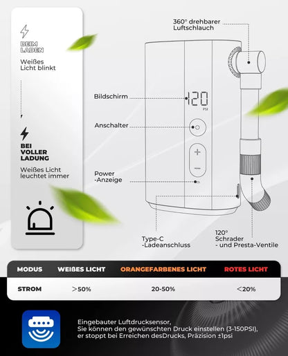 ROCKBROS Fahrradpumpe Tragbare Pumpe Elektrische Luftpumpe 5000mAh 150PSI 380g