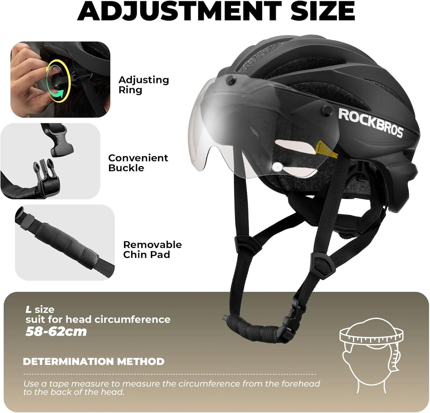 ROCKBROS Fahrradhelm Erwachsene mit Visier Magnetische Abnehmbarer Atmungsaktiv Einstellbare für Damen und Herren 58-62cm