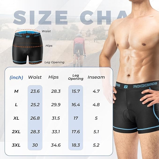 ROCKBROS Fahrradhose Herren Radunterhose mit 4D Sitzpolster Atmungsaktive Fahrradunterhose Gepolstert Fahrrad Unterwäsche Kurz Elastisch MTB Rennrad M-3XL