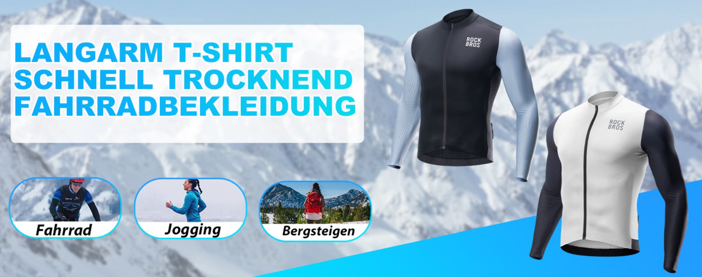 ROCKBROS Langarm Radtrikot Herren Fahrradtrikot, Atmungsaktive Schnell Trocknend Fahrradbekleidung Reißverschluss mit 3 Taschen, T Shirt für Männer Rennrad MTB Europäische Größe