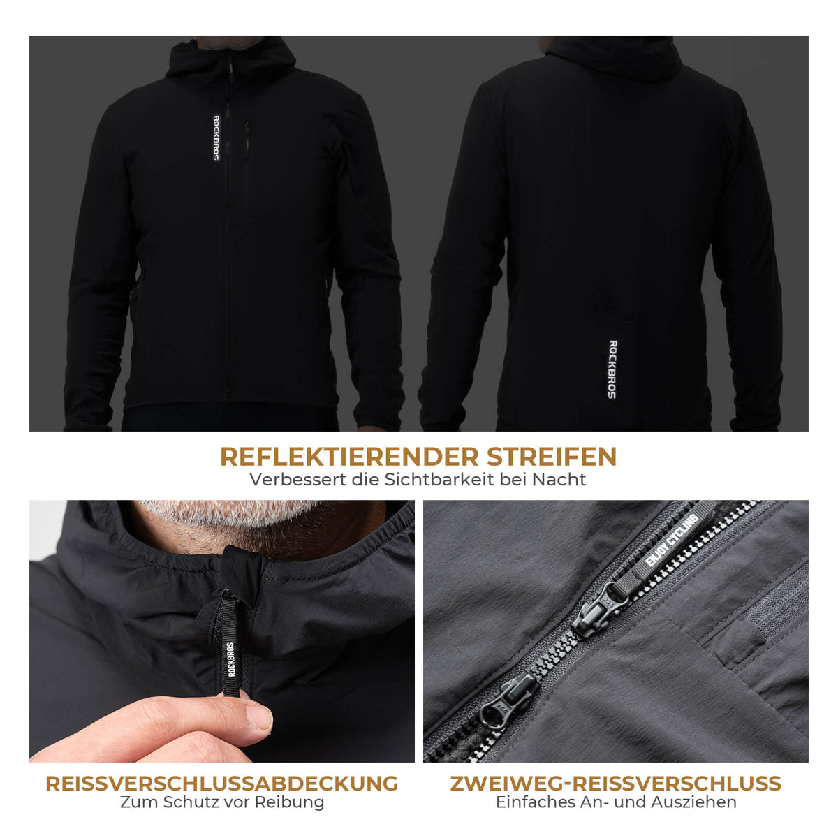 ROCKBROS Fahrradjacke Herren Warm Winddicht Wasserabweisend Mit Fleece Reflektierend