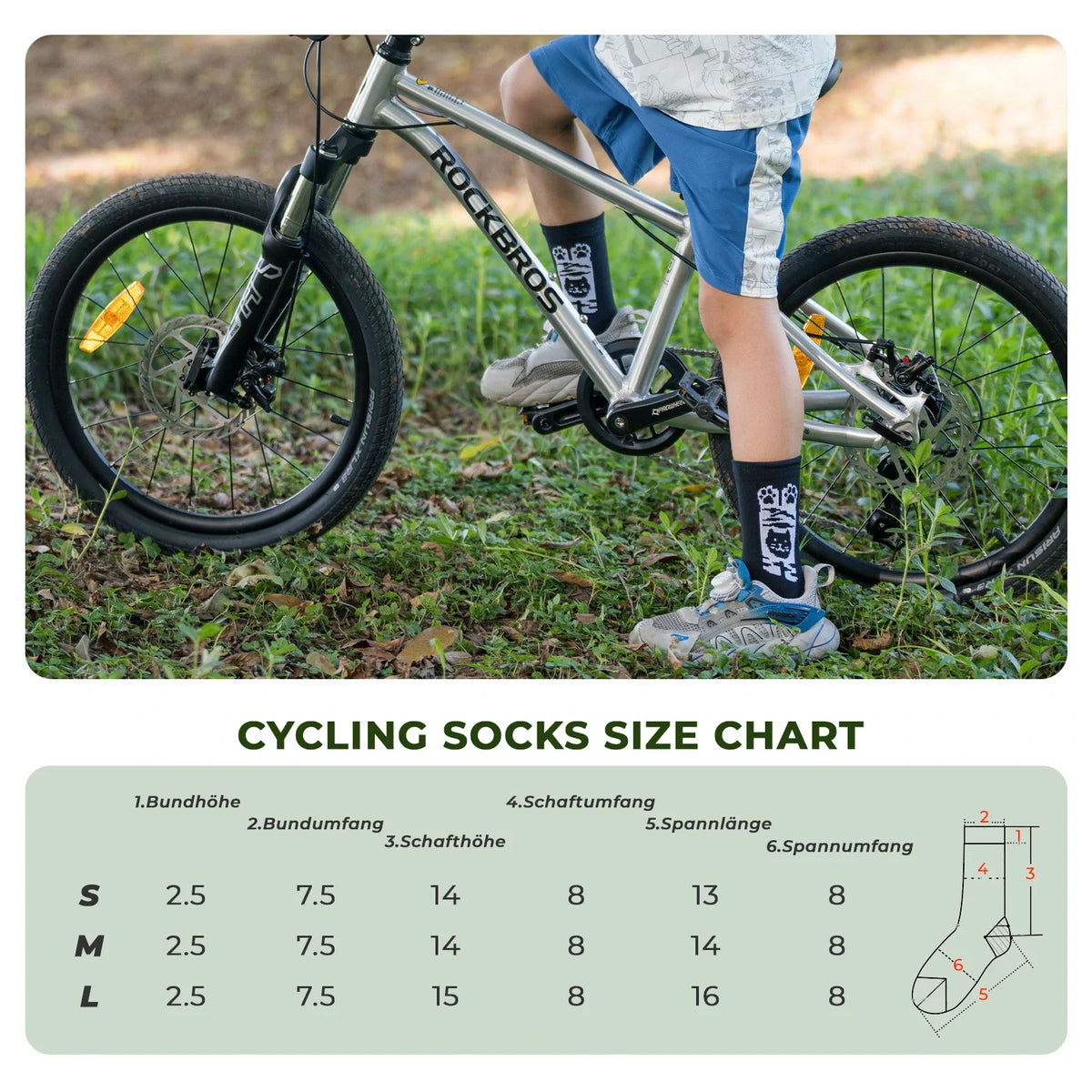 ROCKBROS Kinder Fahrradsocken mit 5A Antibakteriell Kompressionszonen Katzenpfoten Design