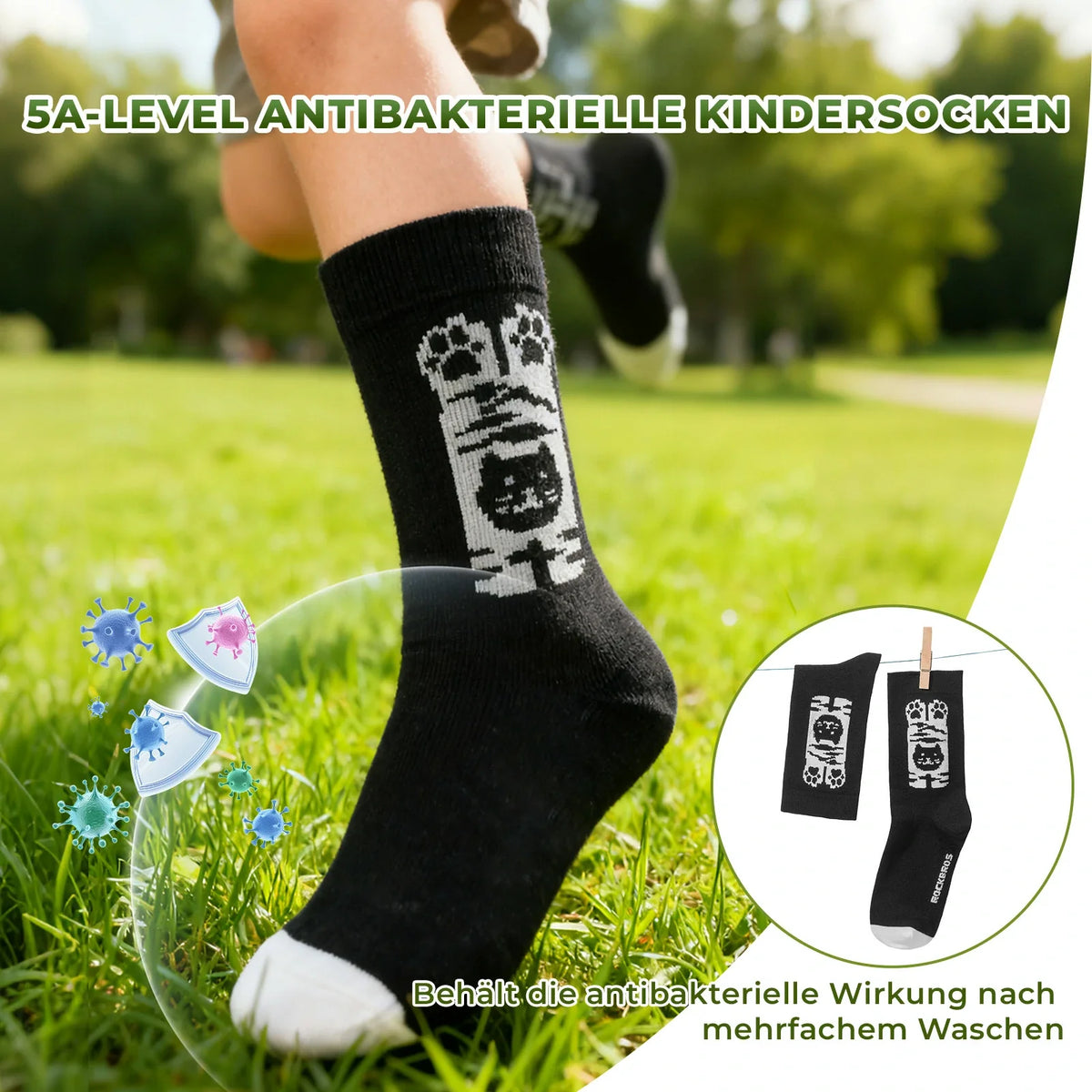 ROCKBROS Kinder Fahrradsocken mit 5A Antibakteriell Kompressionszonen Katzenpfoten Design