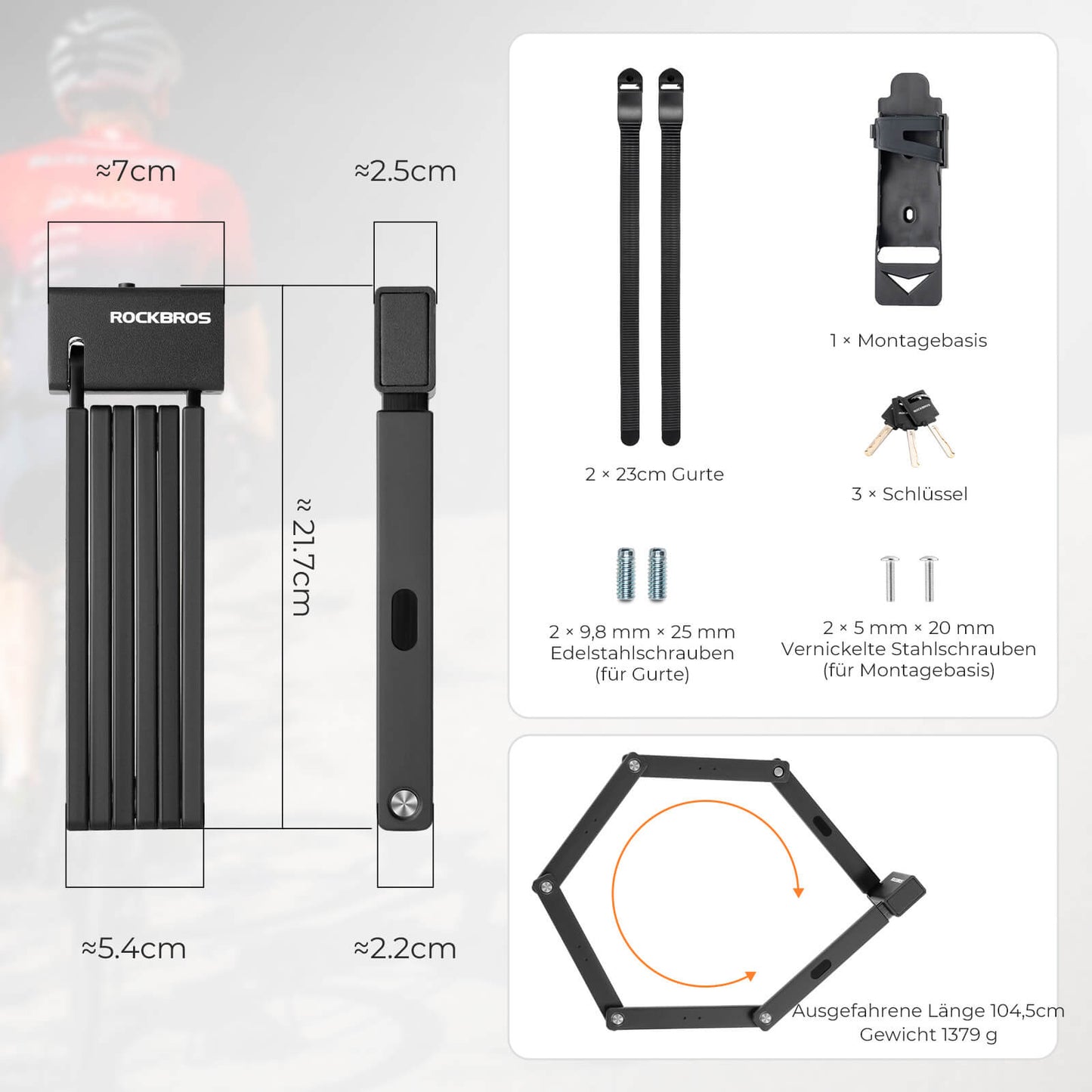 Faltschloss Fahrradschloss 104 cm Faltbares ROCKBROS