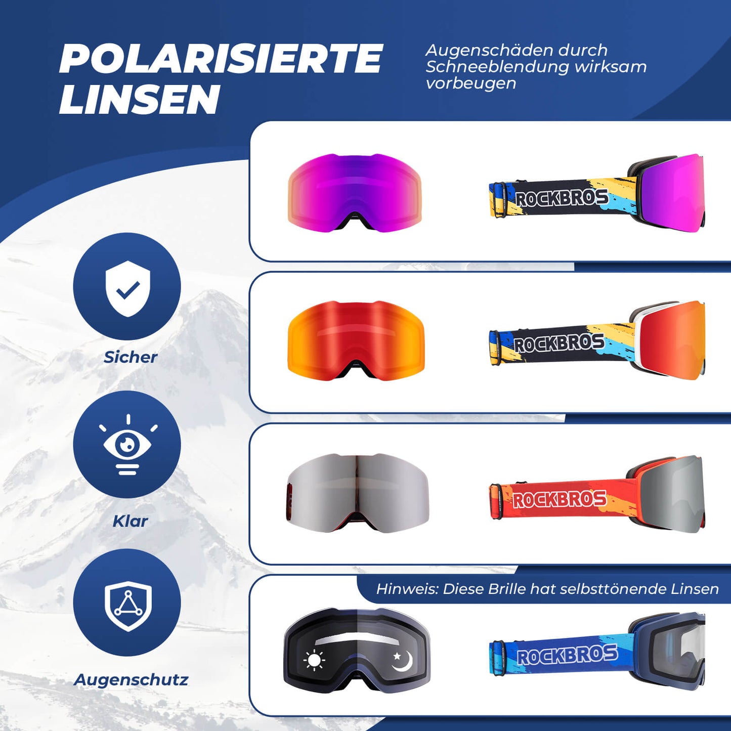 Skibrille Schneebrille Polarisierte Helmkompatible Sportbrille Skifahren ROCKBROS