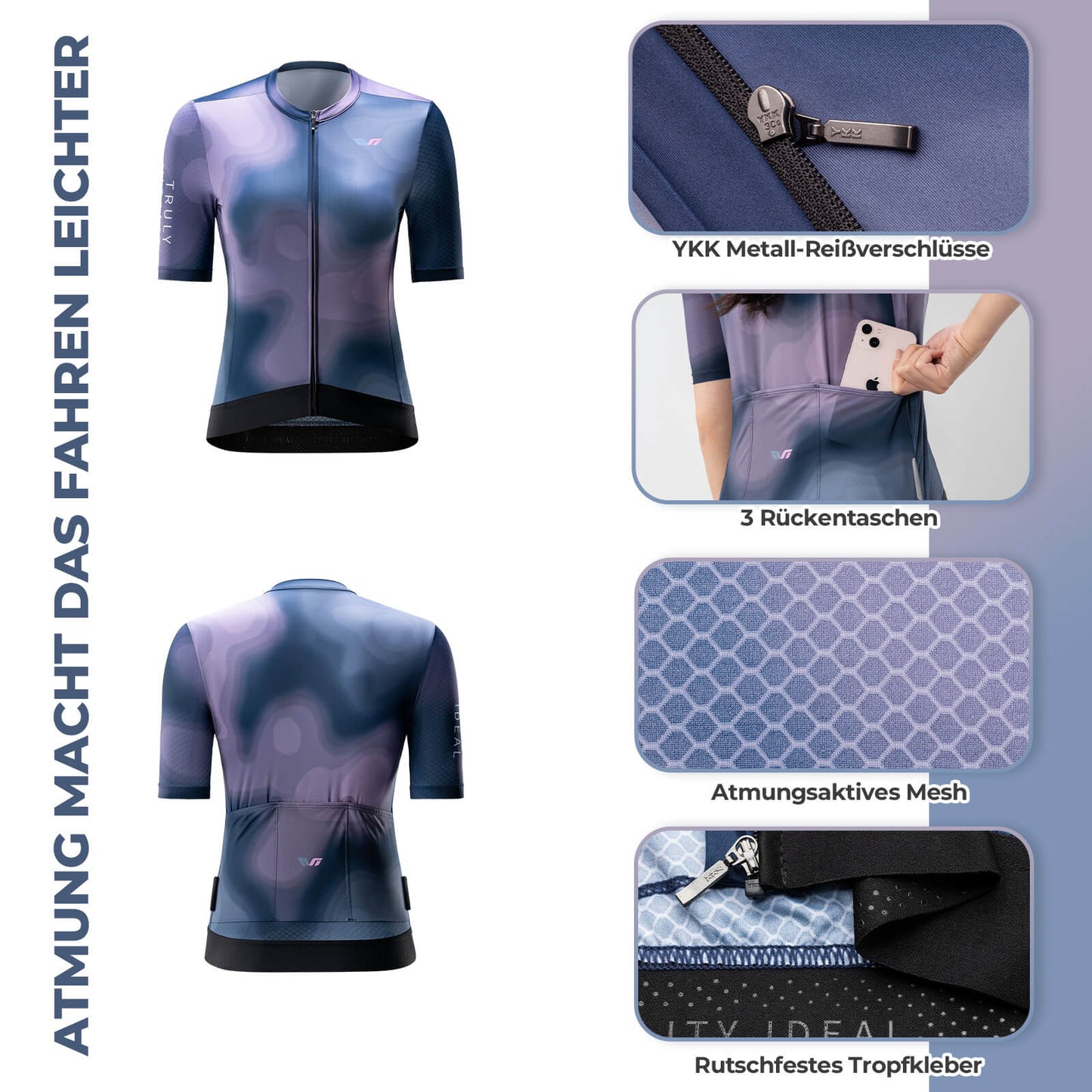 TVI Damen Kurzarm-Radtrikot Sommer Schnelltrocknend mit 3 Taschen ROCKBROS