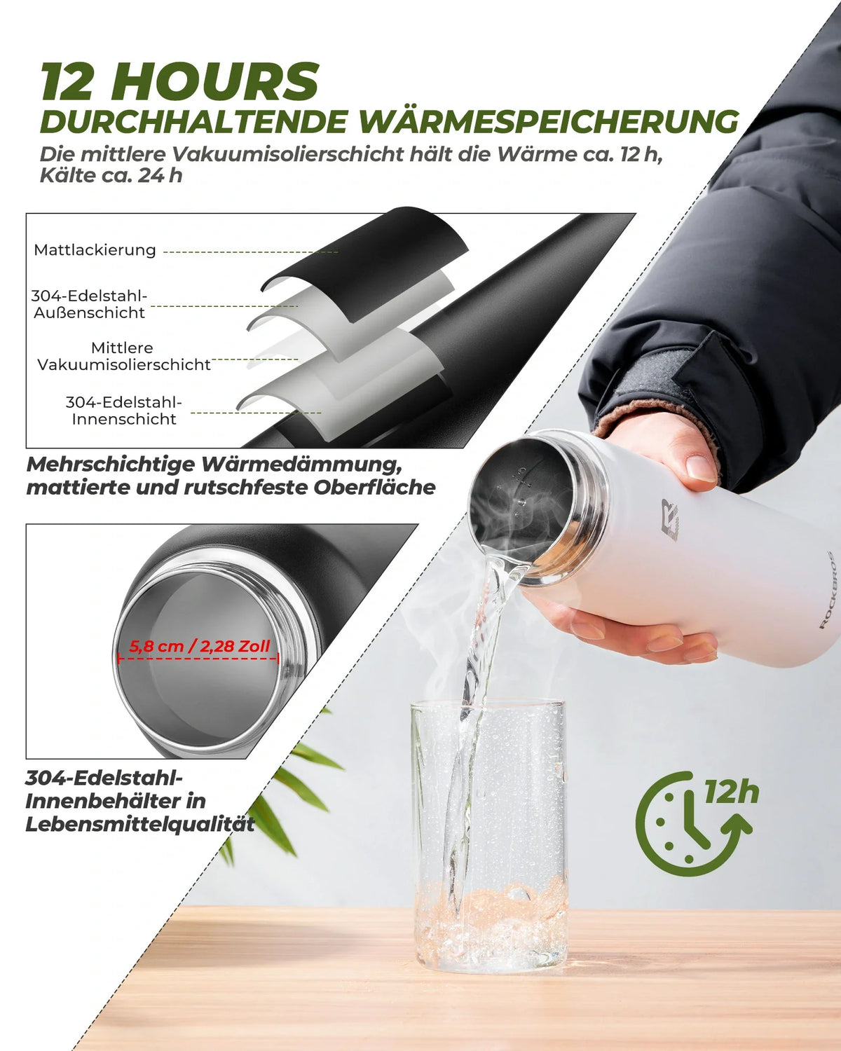 ROCKBROS Edelstahl Wasserflasche Isolierte Auslaufsicher Trinkflasche