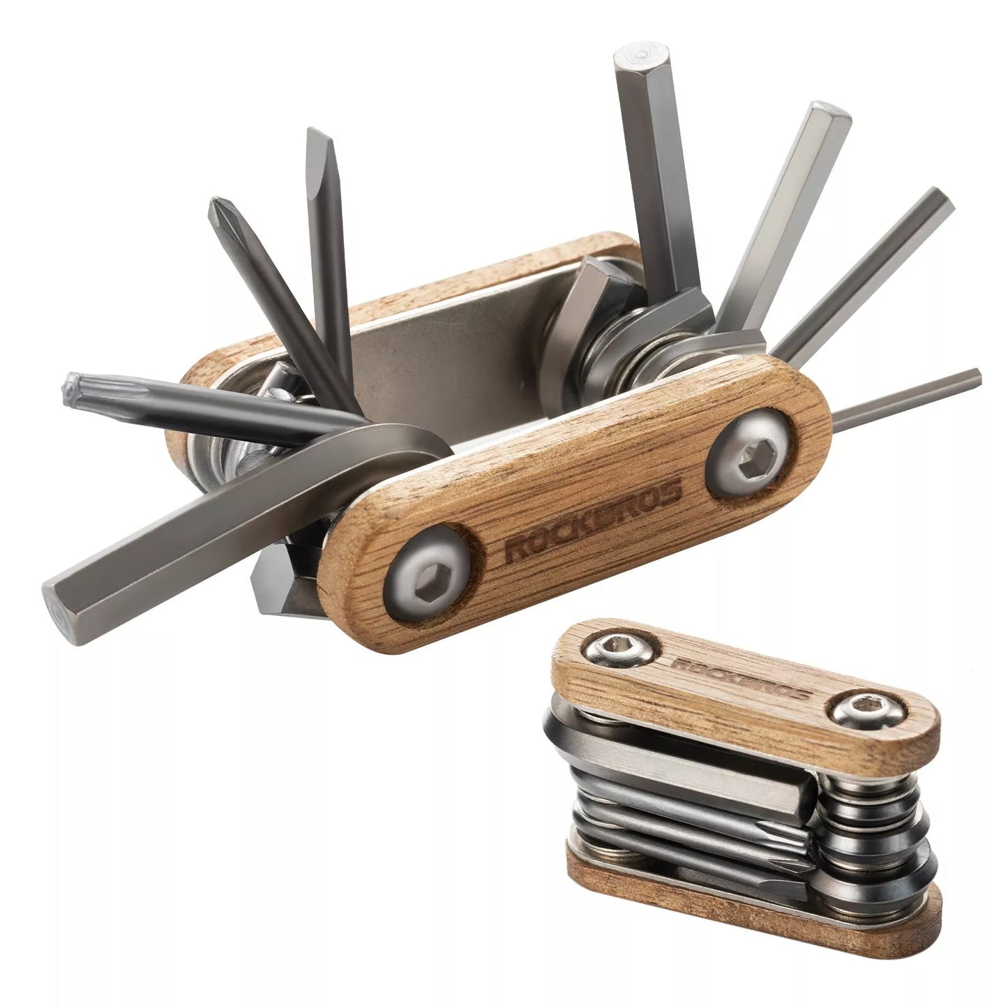 ROCKBROS Fahrradreparaturwerkzeug 8 in 1 Edelstahl Holz Multitool