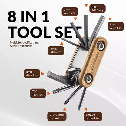 ROCKBROS Fahrradreparaturwerkzeug 8 in 1 Edelstahl Holz Multitool