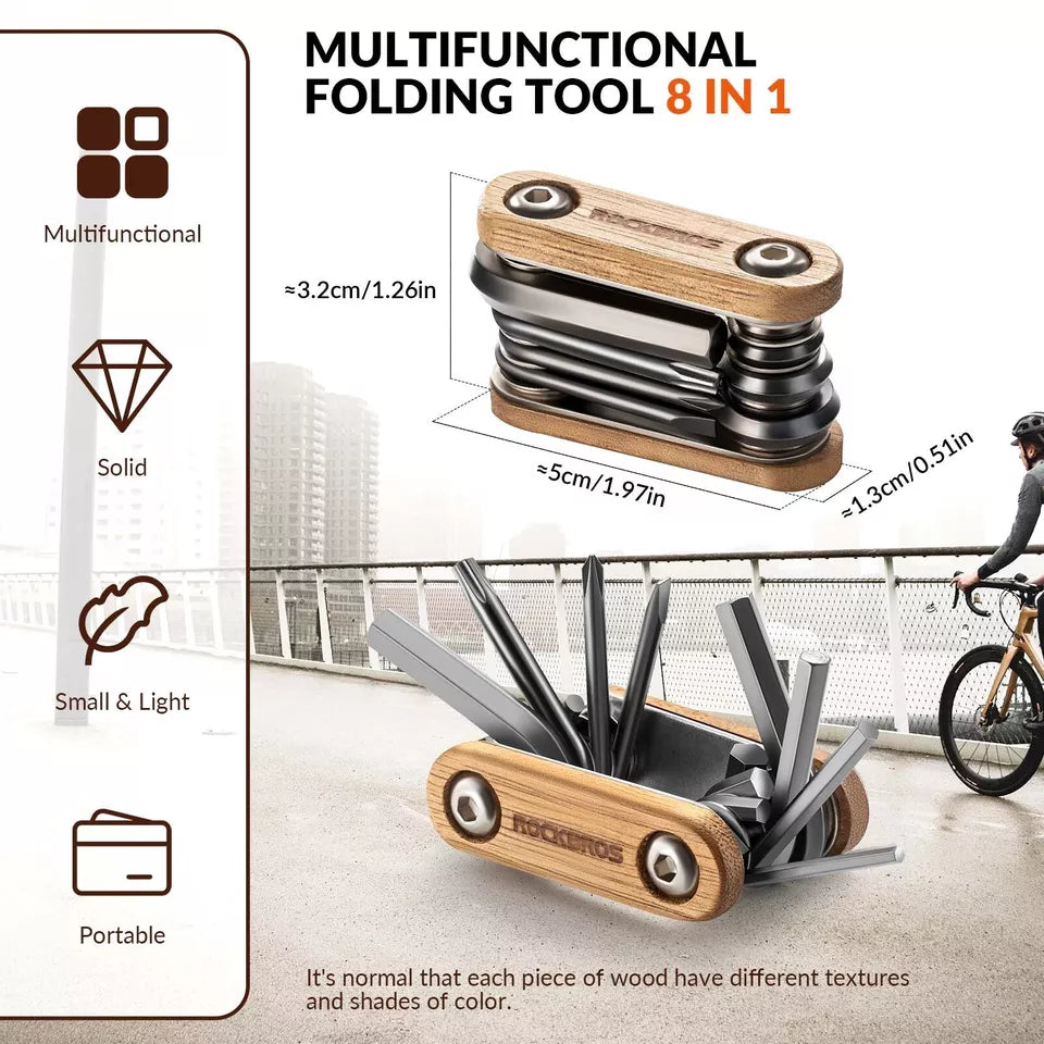 ROCKBROS Fahrradreparaturwerkzeug 8 in 1 Edelstahl Holz Multitool