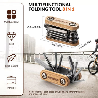 ROCKBROS Fahrradreparaturwerkzeug 8 in 1 Edelstahl Holz Multitool