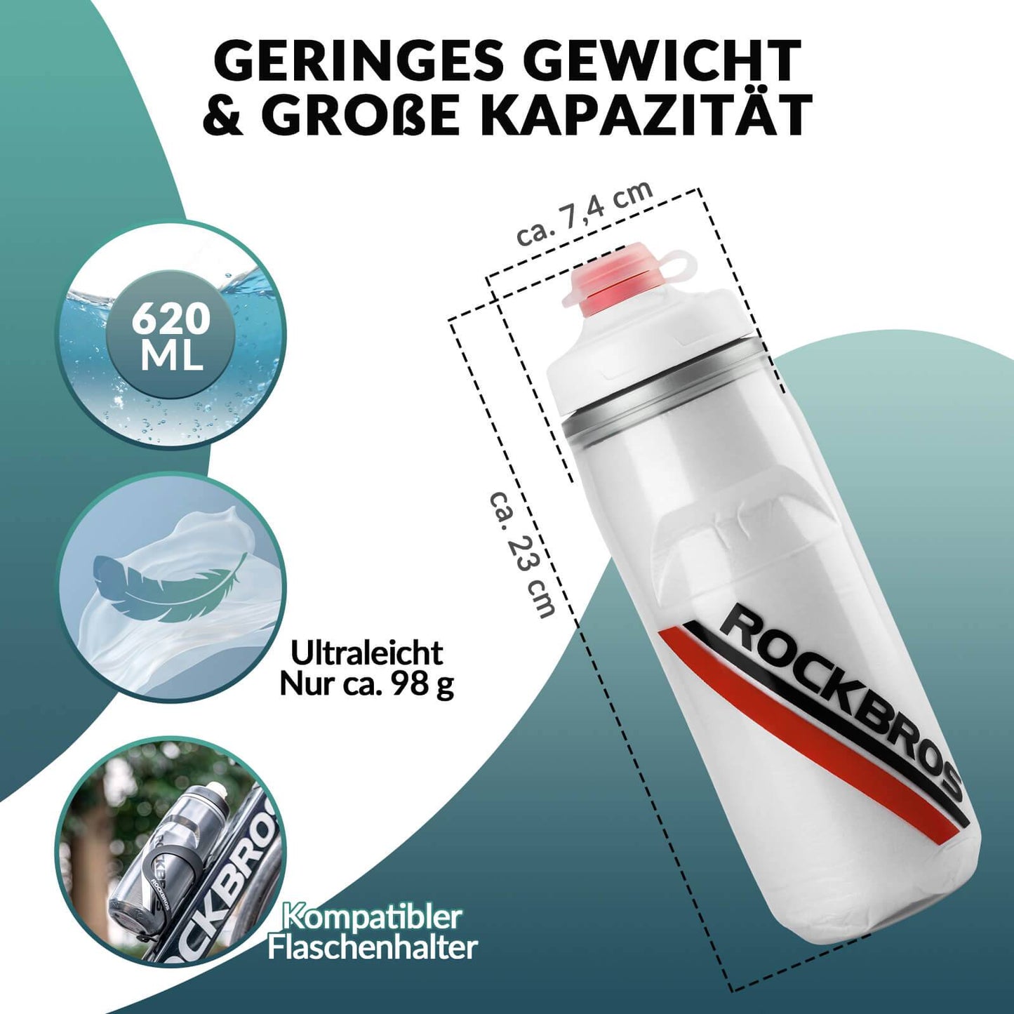 Fahrradflasche 620 ml Sportflasche mit 5 Stunden Kühlhaltefunktion ROCKBROS