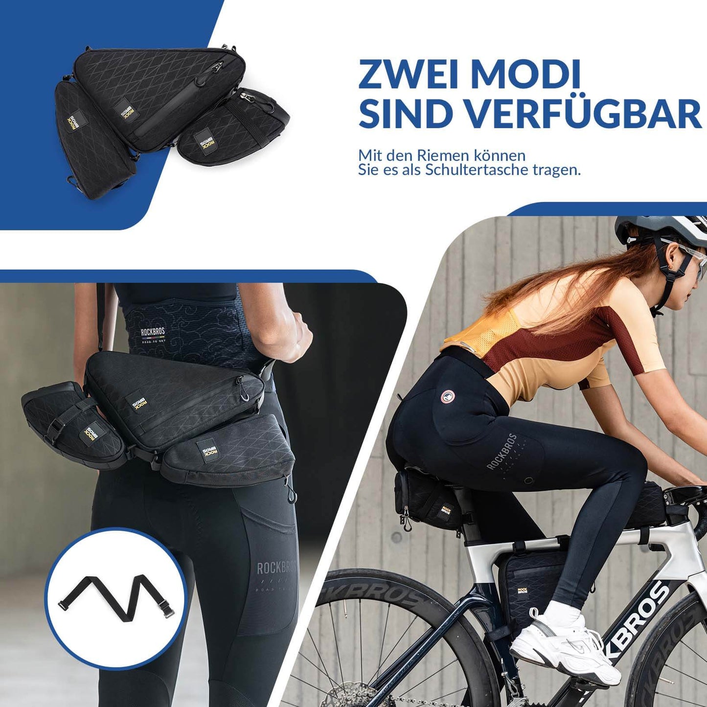 Fahrradtasche Set Rahmentasche*2+Satteltasche*1 mit Verstellbarer Schultergurt 1,2L ROCKBROS