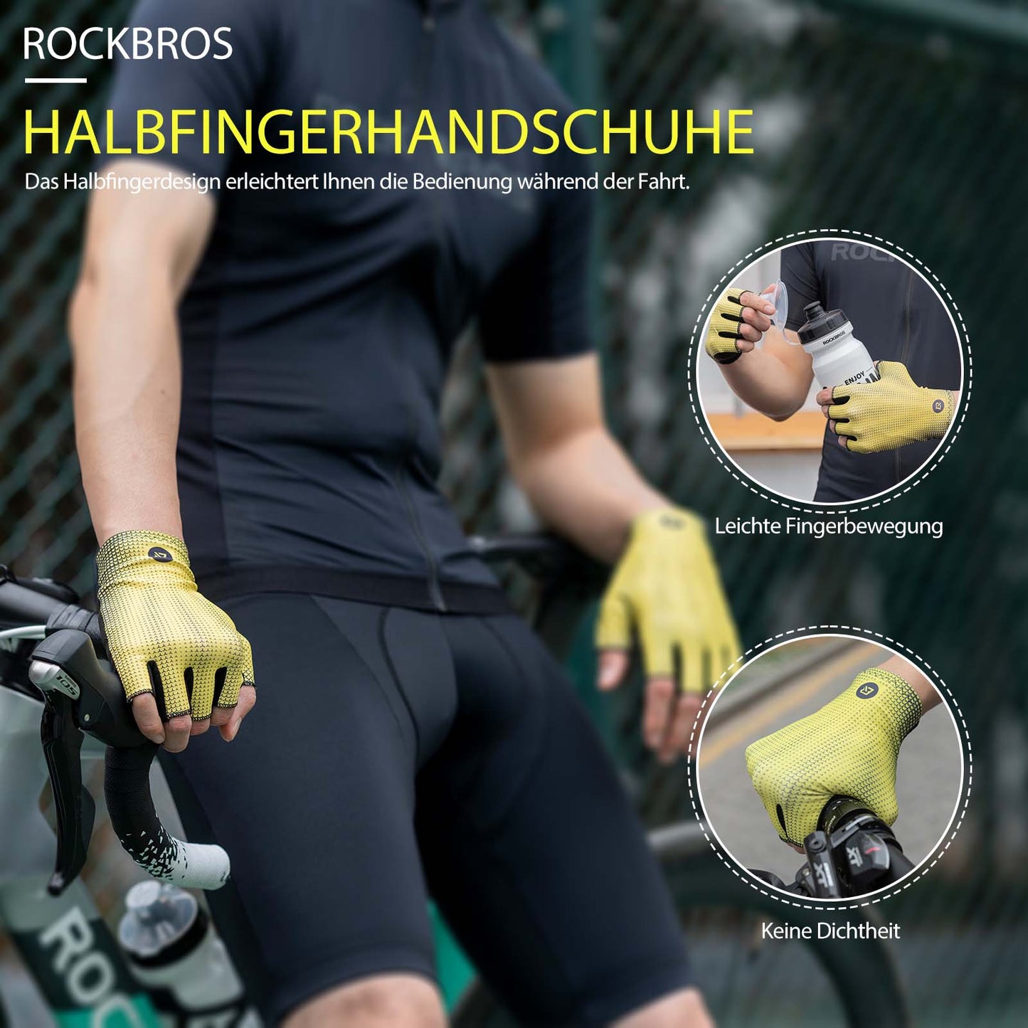 Halbfinger-Radhandschuhe Rutschfest Elastisch Unisex Gelb M-XXL ROCKBROS