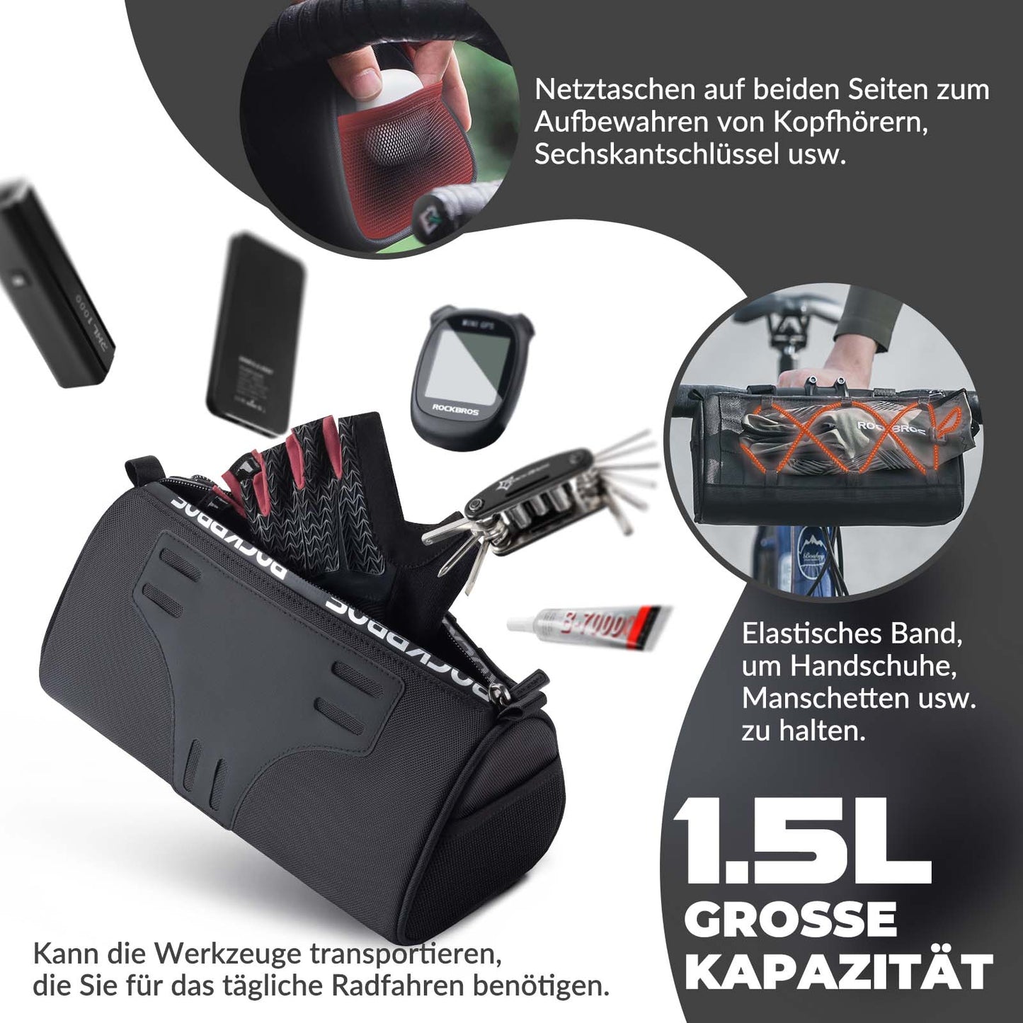 Lenkertasche Multifunktionale Fahrradlenkertasche mit Schultergurt 1,5L ROCKBROS