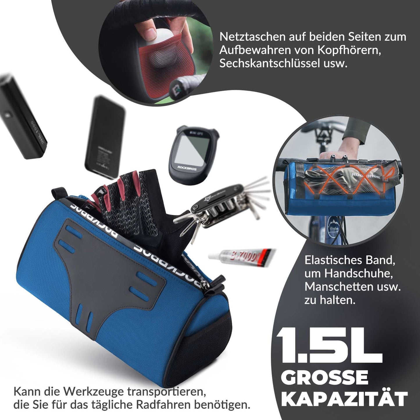 Lenkertasche Multifunktionale Fahrradlenkertasche mit Schultergurt 1,5L ROCKBROS