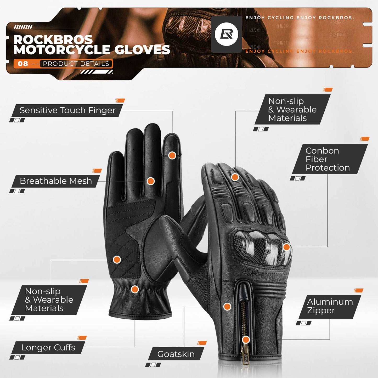 Motorradhandschuhe Touchscreen Leder Vollfinger Handschuhe Amtungsaktiv ROCKBROS