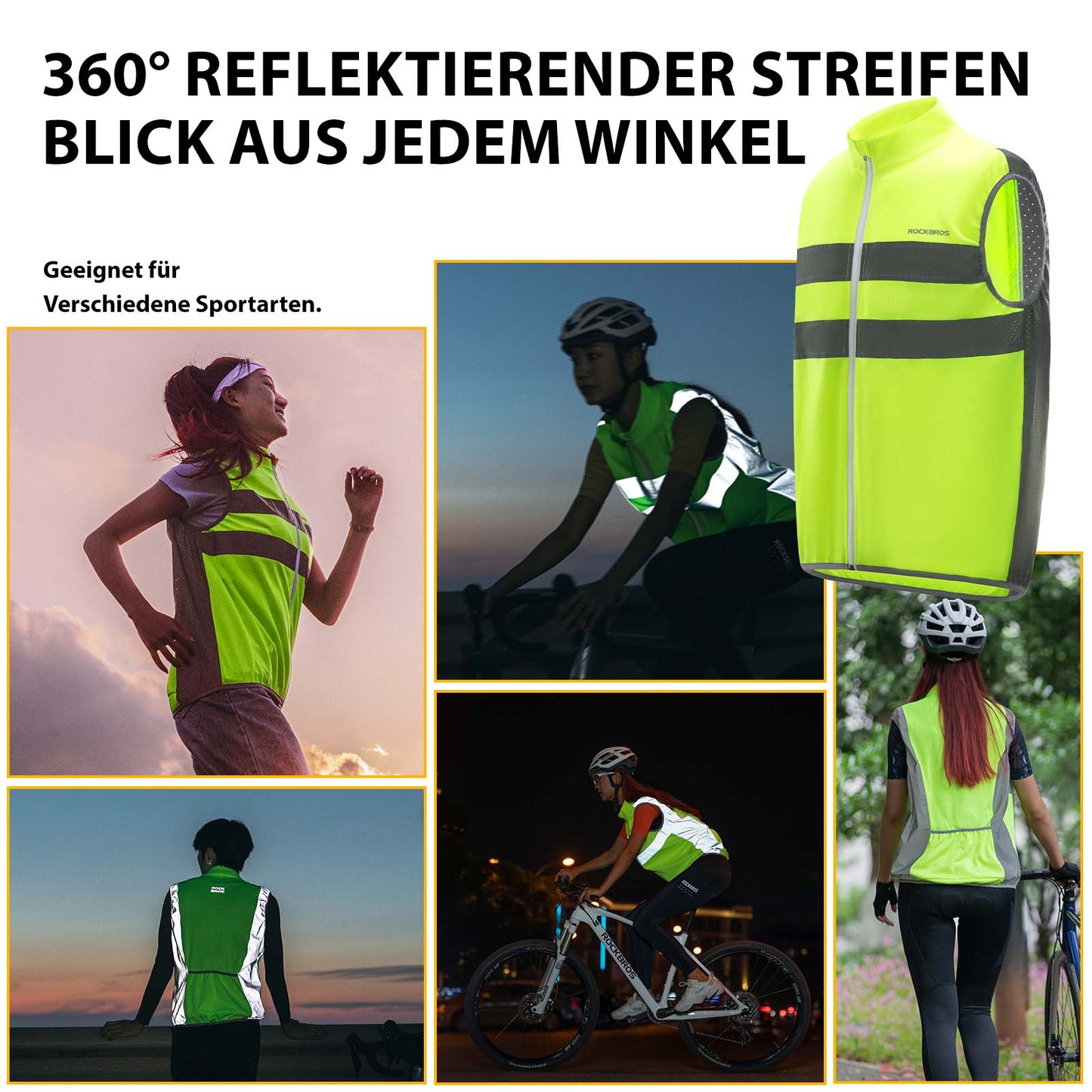 Reflektierende Weste Reiten Sicherheitsweste Fluoreszierend Grün ROCKBROS