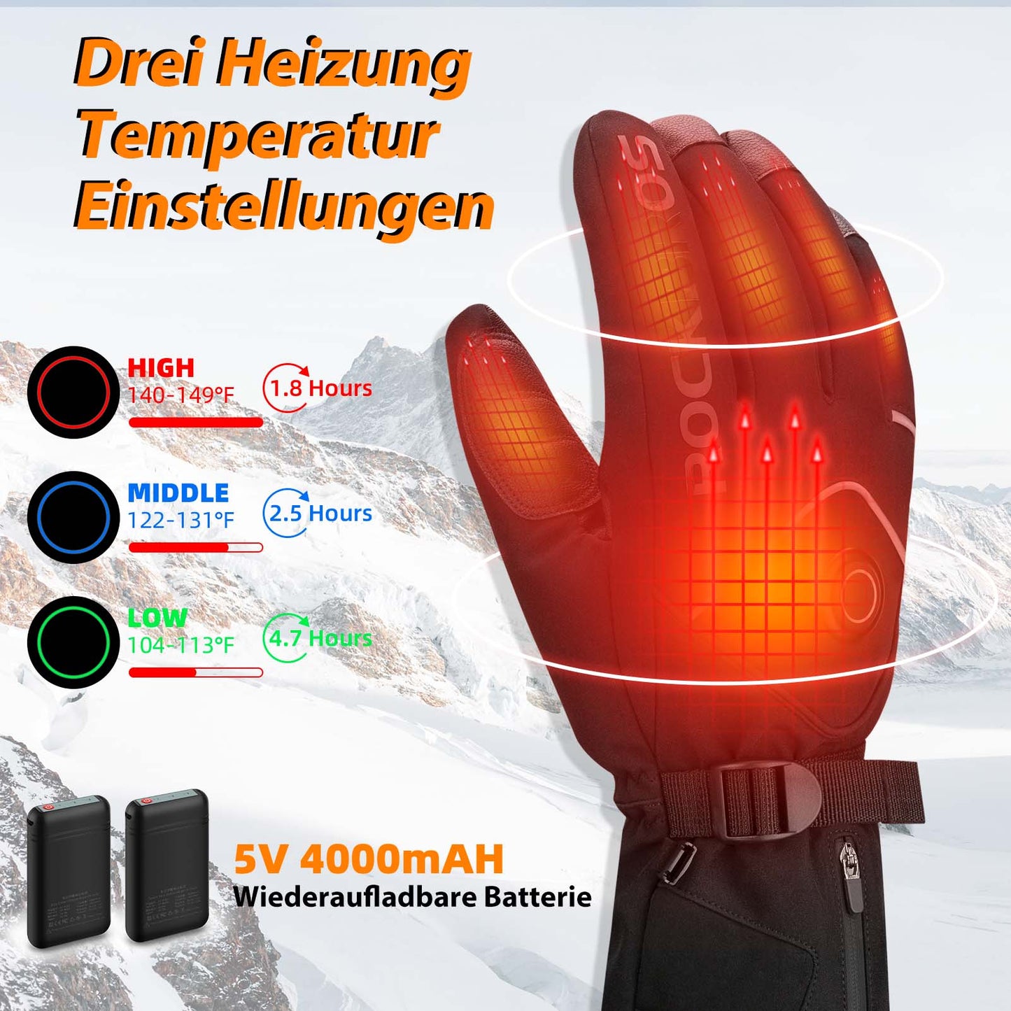 Winter Skihandschuhe Wiederaufladbare Beheizte Handschuhe Schwarz ROCKBROS