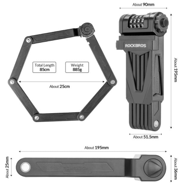 ROCKBROS Fahrradschloss Faltschloss mit Halterung Zahlenschloss 85cm Lang XPlus